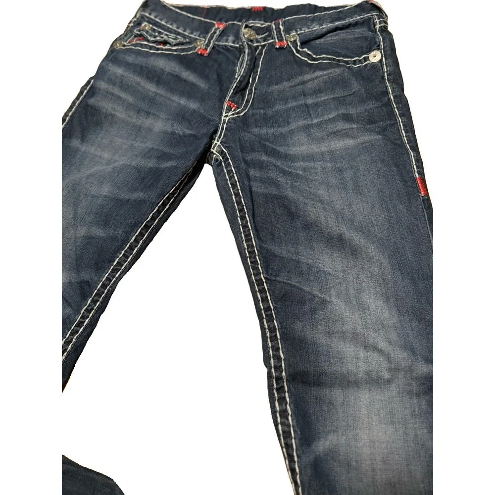 True Religion Jeans 33x32 Thick Stitch Distressed Red White Stitch Flap Pocket